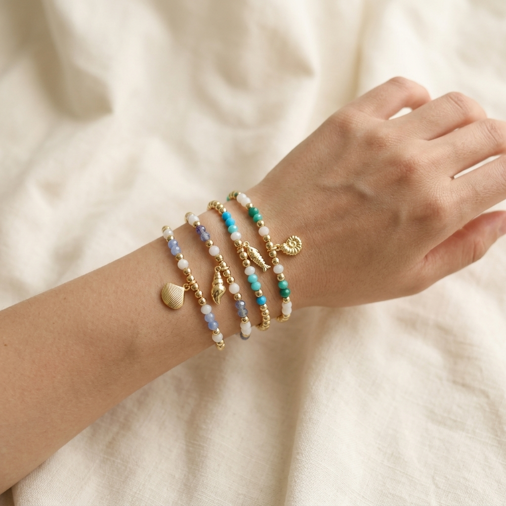 Colorful Handmade Glass Crystal Bracelet With Fish Conch Charm