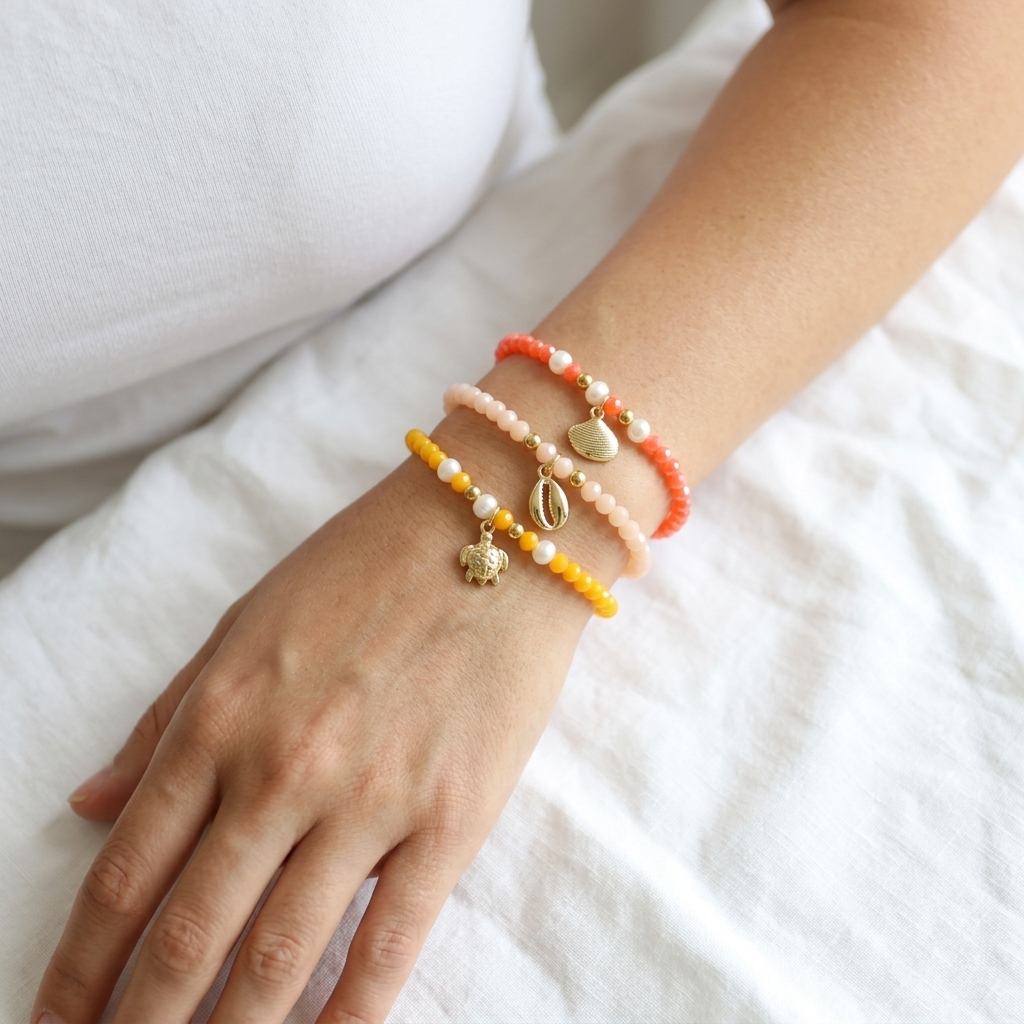 Colorful Handmade Glass Crystal Bracelet With Fish Conch Charm
