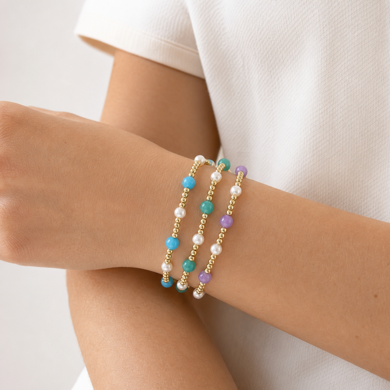Handmade Smooth Round 6mm Dyed Colorful Natural Stone Fresh Water Pearl Bracelet