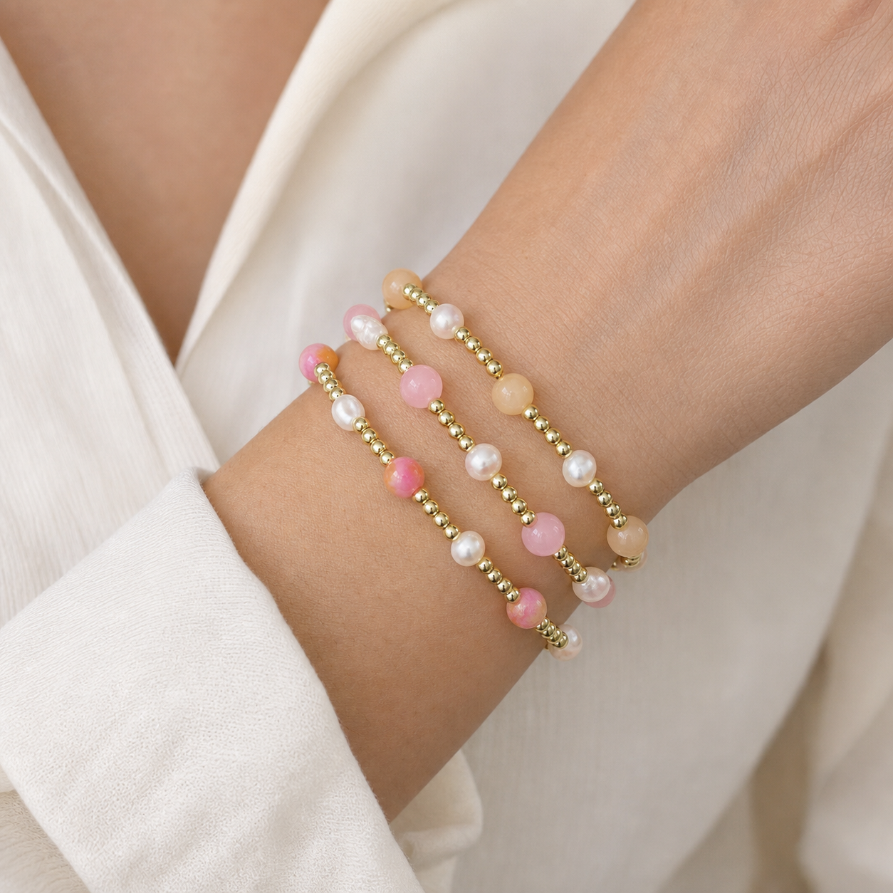 Handmade Smooth Round 6mm Dyed Colorful Natural Stone Fresh Water Pearl Bracelet