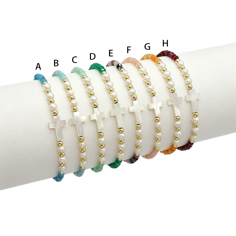 Hand-woven Natural Stone Tourmaline Amazonite Blue Apatite Beads Bracelet With Shell Cross Charm