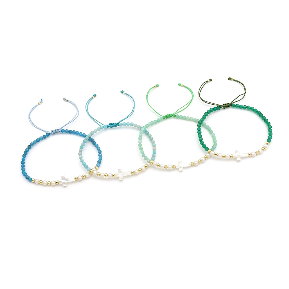 Hand-woven Natural Stone Tourmaline Amazonite Blue Apatite Beads Bracelet With Shell Cross Charm