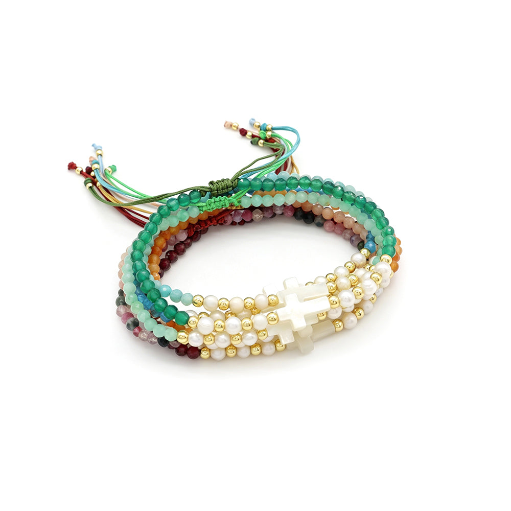 Hand-woven Natural Stone Tourmaline Amazonite Blue Apatite Beads Bracelet With Shell Cross Charm