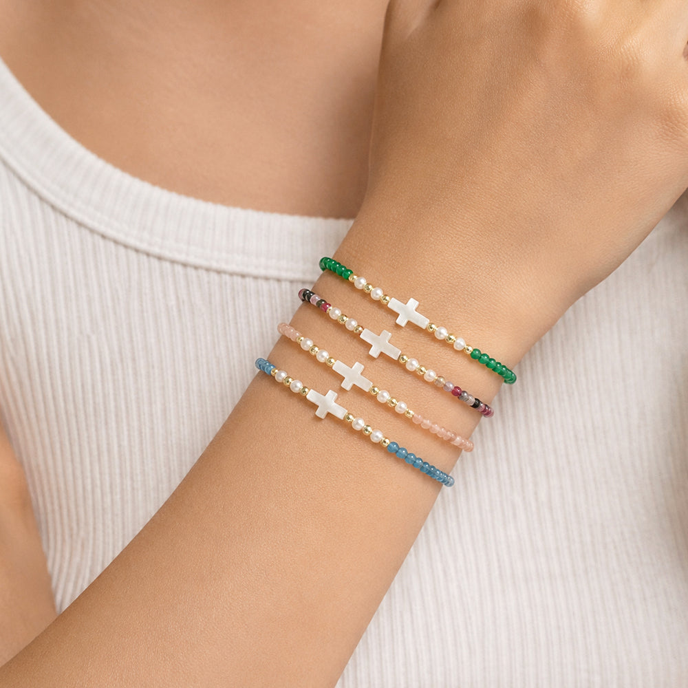 Hand-woven Natural Stone Tourmaline Amazonite Blue Apatite Beads Bracelet With Shell Cross Charm