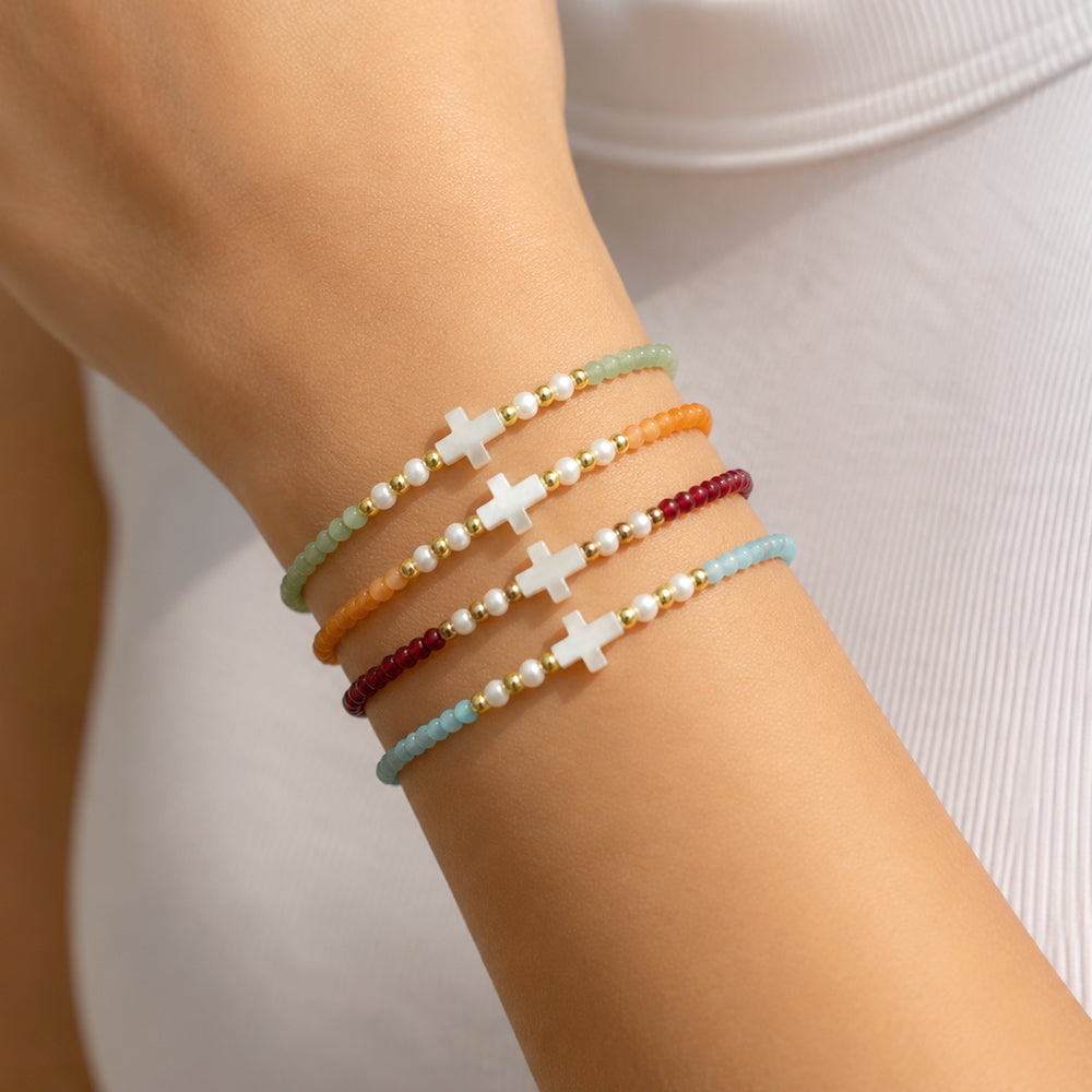 Hand-woven Natural Stone Tourmaline Amazonite Blue Apatite Beads Bracelet With Shell Cross Charm