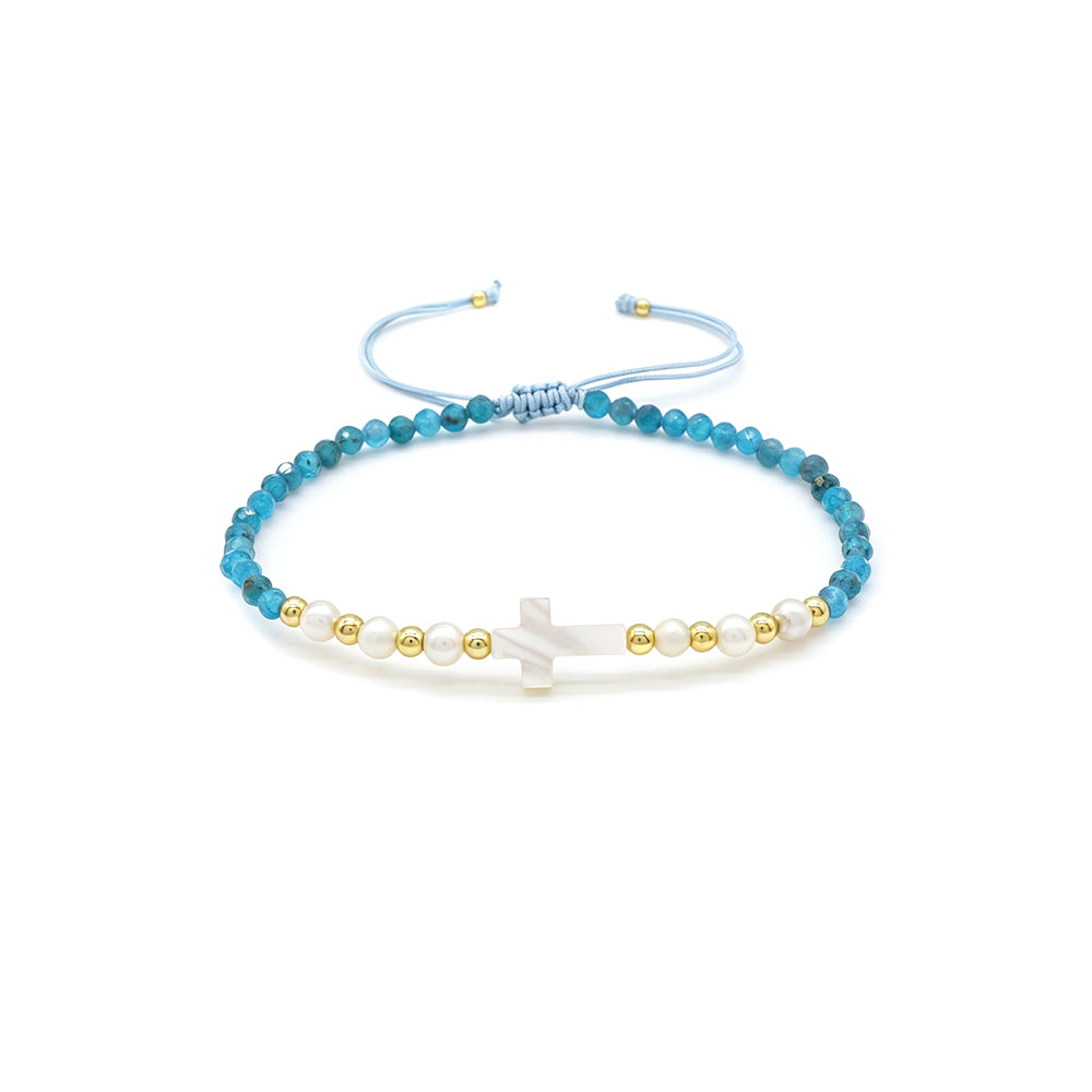 Hand-woven Natural Stone Tourmaline Amazonite Blue Apatite Beads Bracelet With Shell Cross Charm