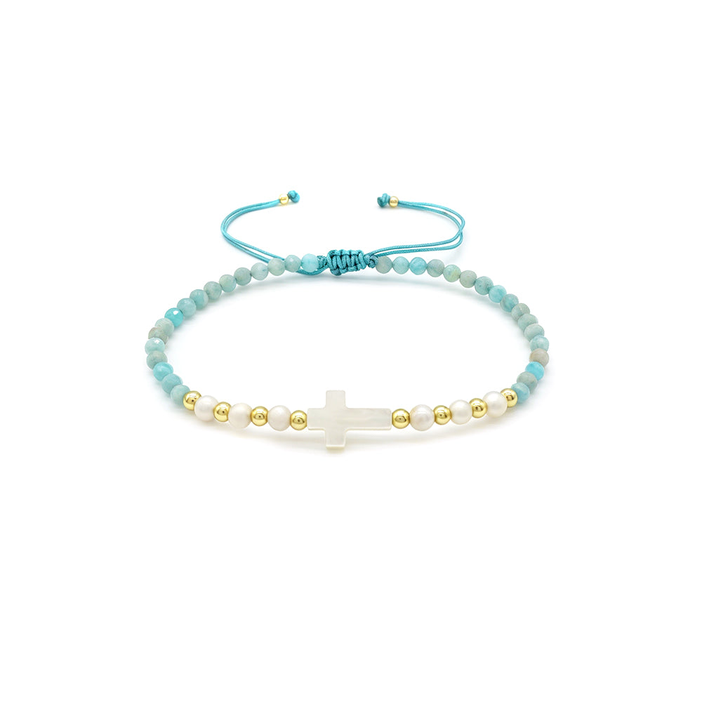 Hand-woven Natural Stone Tourmaline Amazonite Blue Apatite Beads Bracelet With Shell Cross Charm