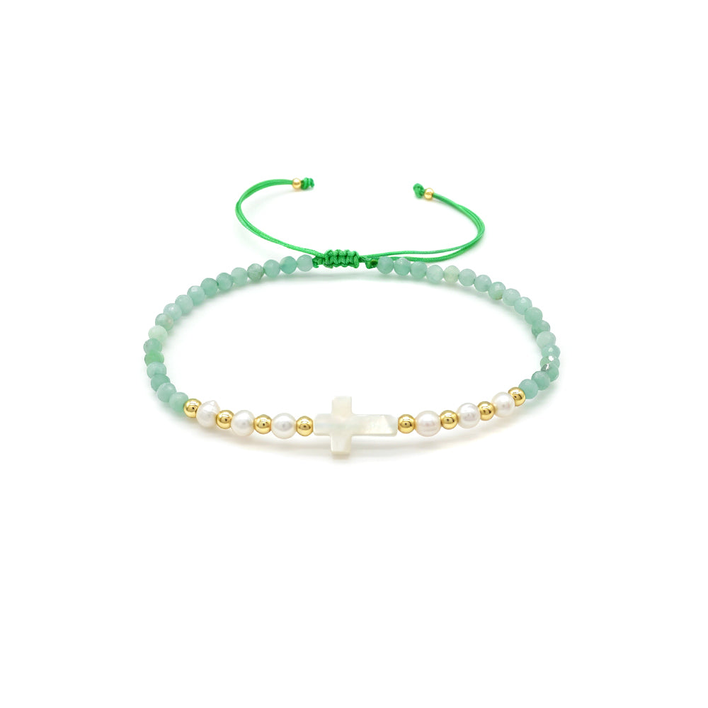 Hand-woven Natural Stone Tourmaline Amazonite Blue Apatite Beads Bracelet With Shell Cross Charm