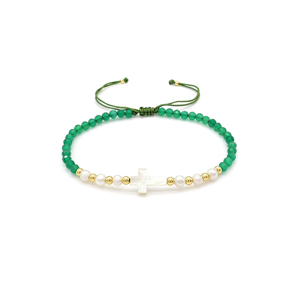 Hand-woven Natural Stone Tourmaline Amazonite Blue Apatite Beads Bracelet With Shell Cross Charm