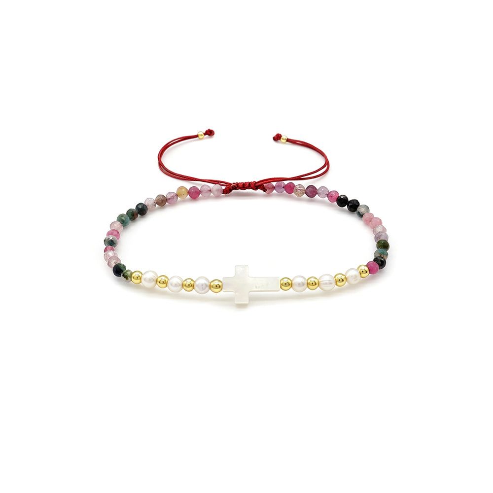 Hand-woven Natural Stone Tourmaline Amazonite Blue Apatite Beads Bracelet With Shell Cross Charm