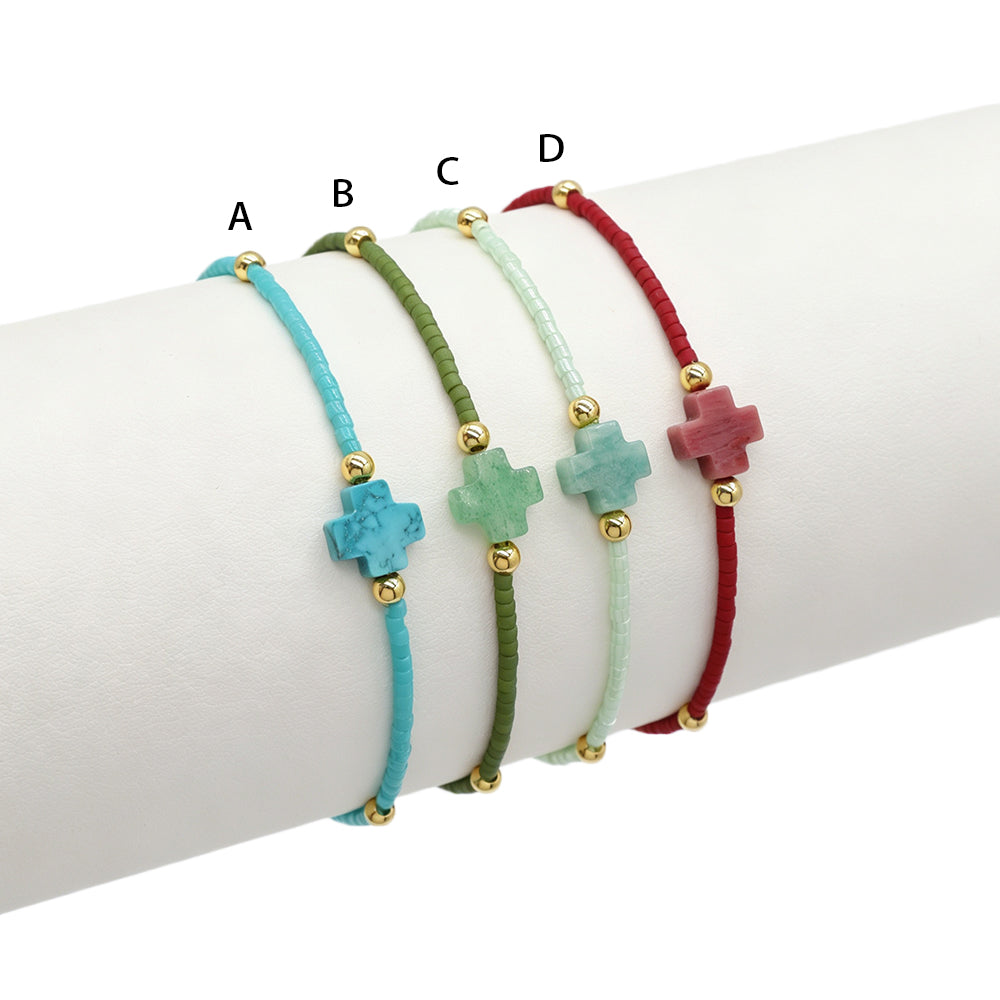 Handmade Natural Stone Cross Charm Miyuki Beads Bracelet