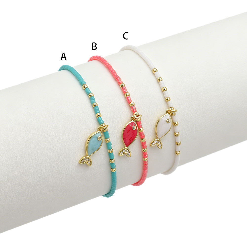 Handmade Brass Enamel Fish Pendant Miyuki Beads Elastic Bracelet