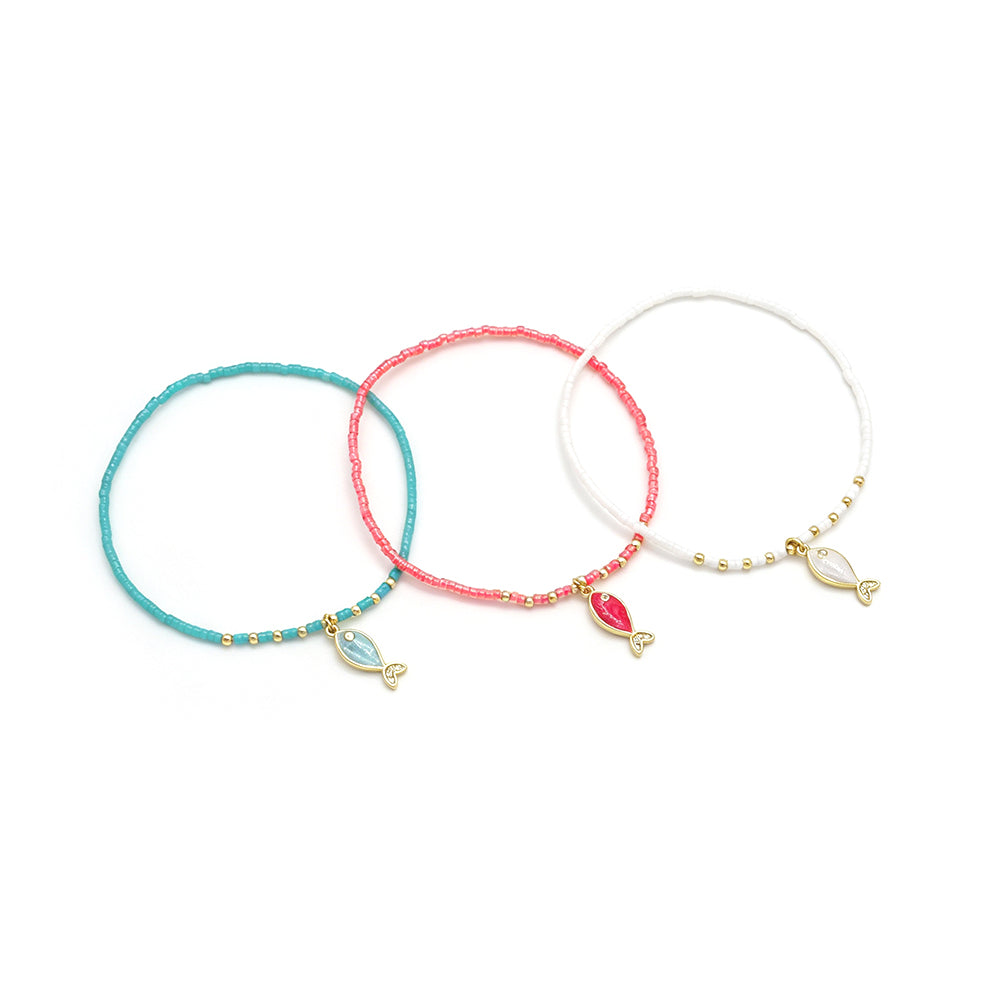 Handmade Brass Enamel Fish Pendant Miyuki Beads Elastic Bracelet
