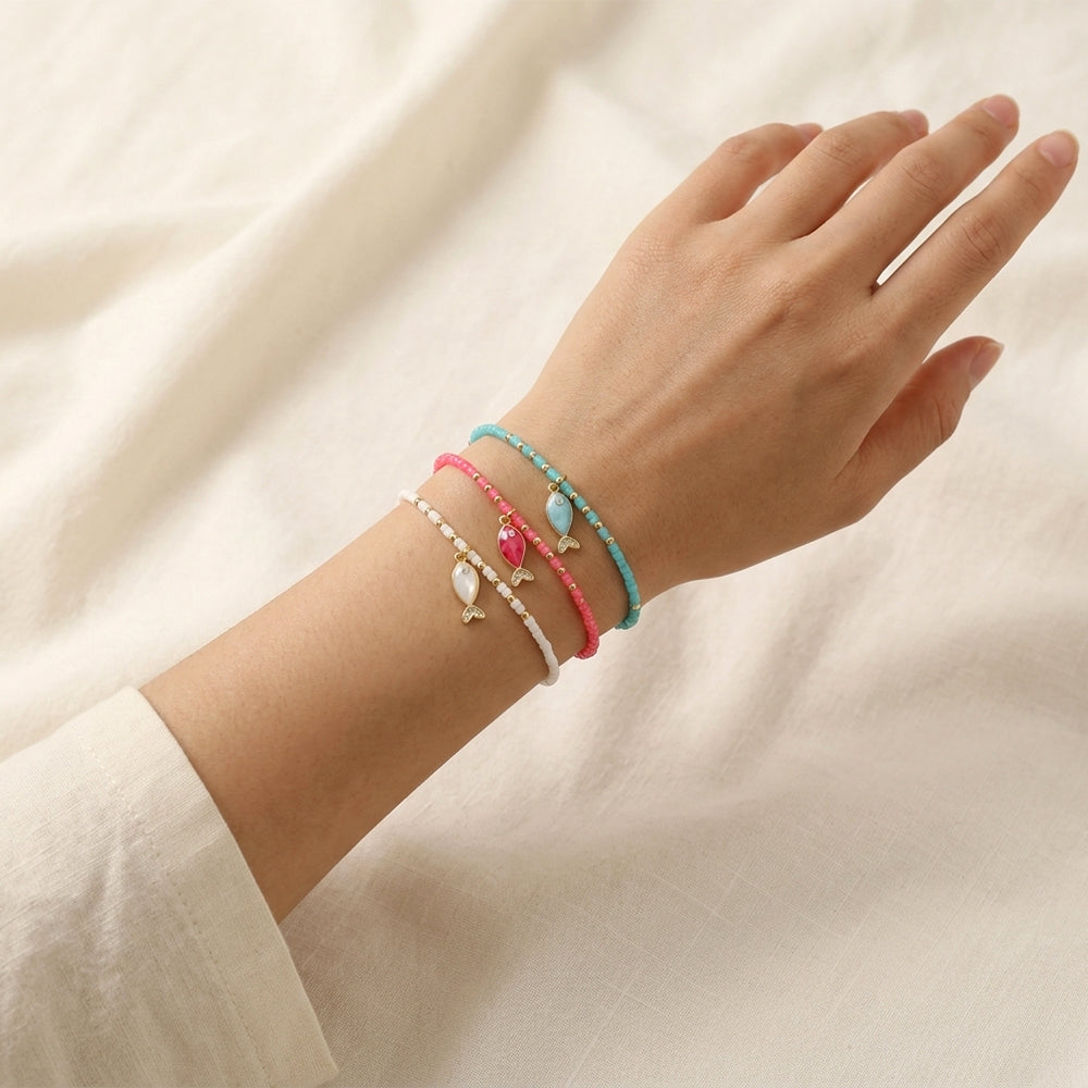 Handmade Brass Enamel Fish Pendant Miyuki Beads Elastic Bracelet