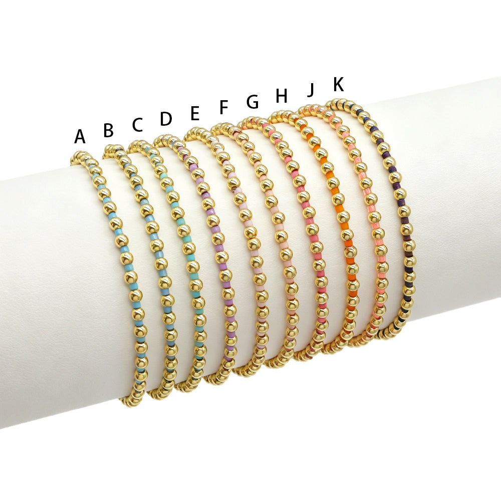Handmade Multi-colour Miyuki Beads Plating Gold Brass Beads Elastic Bracelet