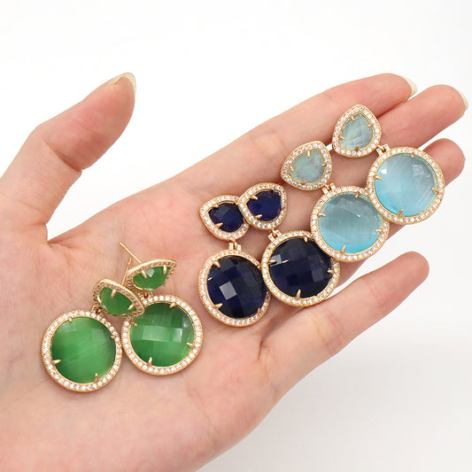 Wholesale Women Jewelry Custom Gift Blue Green Drop Dangle Stud Earrings CZ Gold Plated Colored Healing Natural Stone Earrings