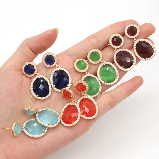New Custom Wholesale Colored Healing Stone Drop Earring Stud Jewelry CZ Gold Plated Natural Stone Dangle Earrings For Women Gift