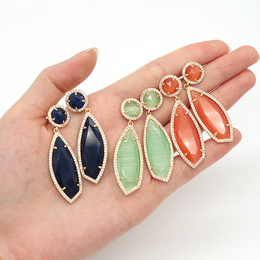 Various Colorful Custom Wholesale Women Gift Drop Healing Stone Stud Earrings Gold Plated CZ Natural Stone Dangle Earrings