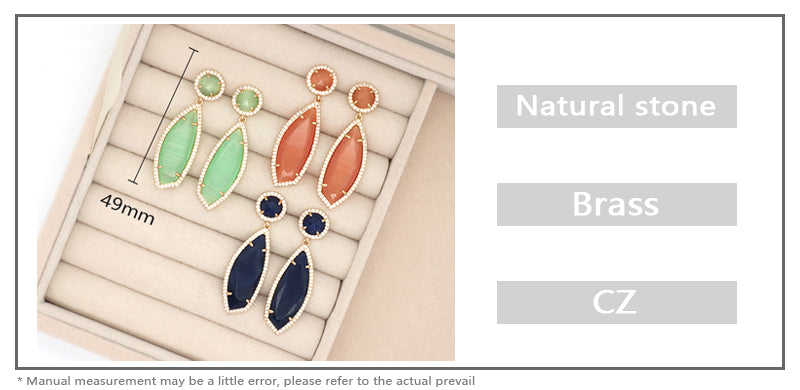 Various Colorful Custom Wholesale Women Gift Drop Healing Stone Stud Earrings Gold Plated CZ Natural Stone Dangle Earrings