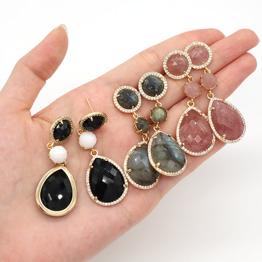 Black Pink Stone Drop Dangle Earring Stud Jewelry Gift Custom Wholesale CZ Gold Plated Natural Healing Stone Earrings For Women
