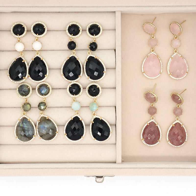 Black Pink Stone Drop Dangle Earring Stud Jewelry Gift Custom Wholesale CZ Gold Plated Natural Healing Stone Earrings For Women