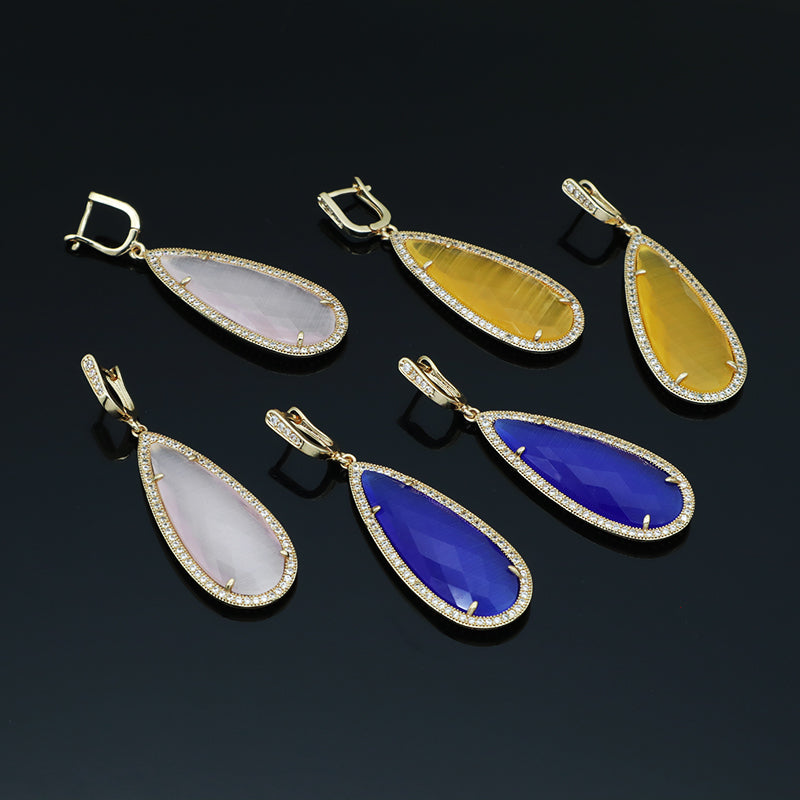 New Arrival Custom Wholesale Fashion Women Gift Gold Plated CZ Pink Yellow Blue Water Drop Healing Natural Stone Hoop Earrings