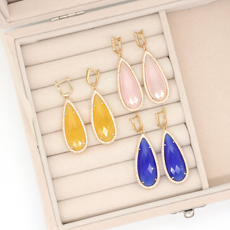 New Arrival Custom Wholesale Fashion Women Gift Gold Plated CZ Pink Yellow Blue Water Drop Healing Natural Stone Hoop Earrings