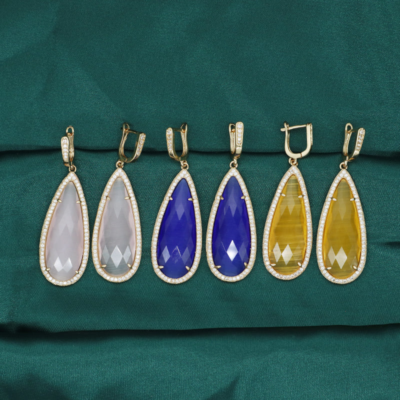 New Arrival Custom Wholesale Fashion Women Gift Gold Plated CZ Pink Yellow Blue Water Drop Healing Natural Stone Hoop Earrings