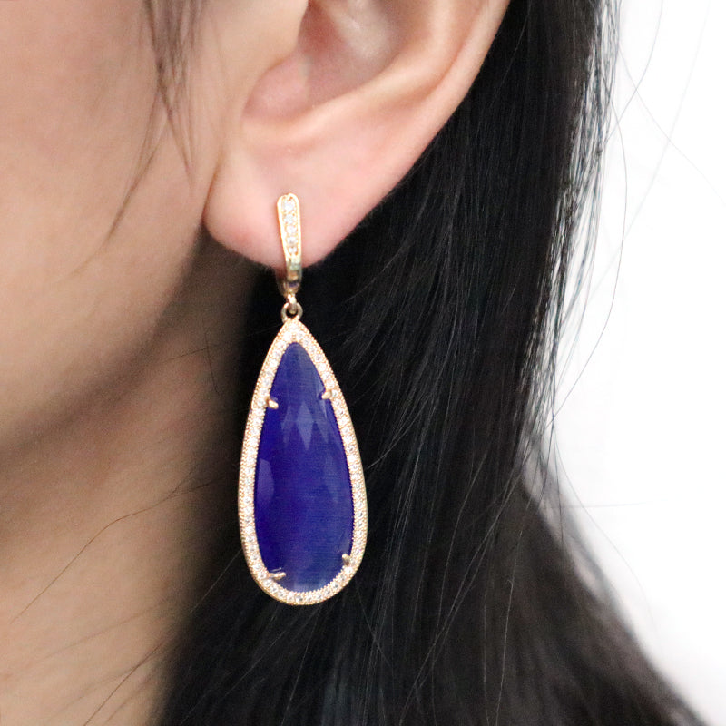 New Arrival Custom Wholesale Fashion Women Gift Gold Plated CZ Pink Yellow Blue Water Drop Healing Natural Stone Hoop Earrings