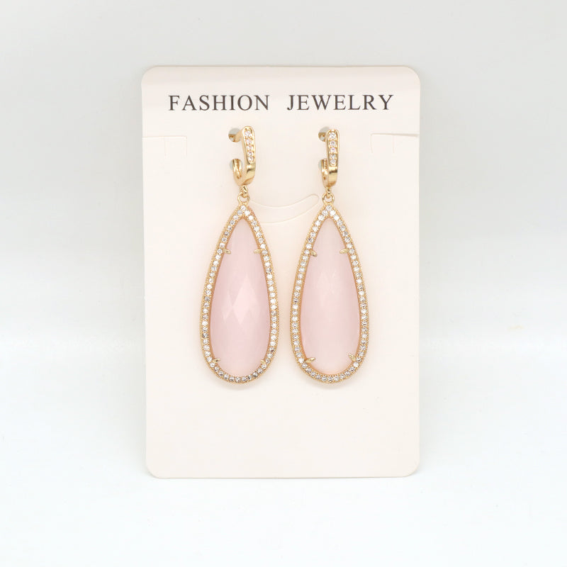 New Arrival Custom Wholesale Fashion Women Gift Gold Plated CZ Pink Yellow Blue Water Drop Healing Natural Stone Hoop Earrings