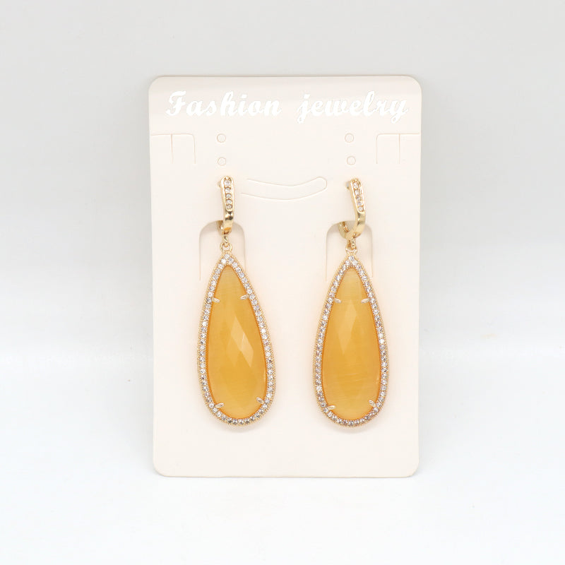 New Arrival Custom Wholesale Fashion Women Gift Gold Plated CZ Pink Yellow Blue Water Drop Healing Natural Stone Hoop Earrings