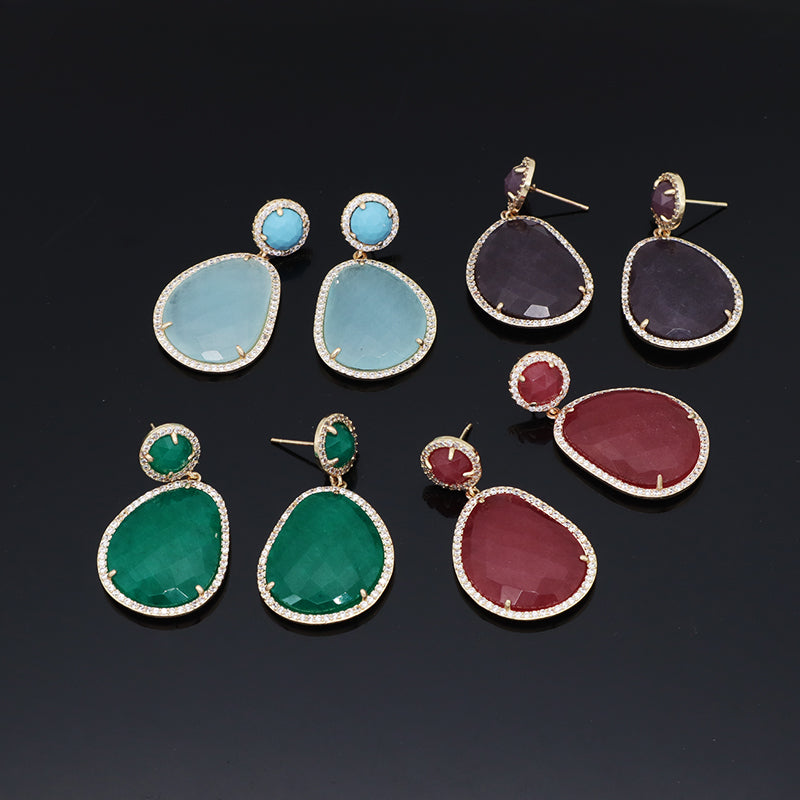 New Fashion Wholesale Custom Gold Plated CZ Blue Green Red Purple Water Drop Healing Natural Stone Stud Earrings For Women Gift