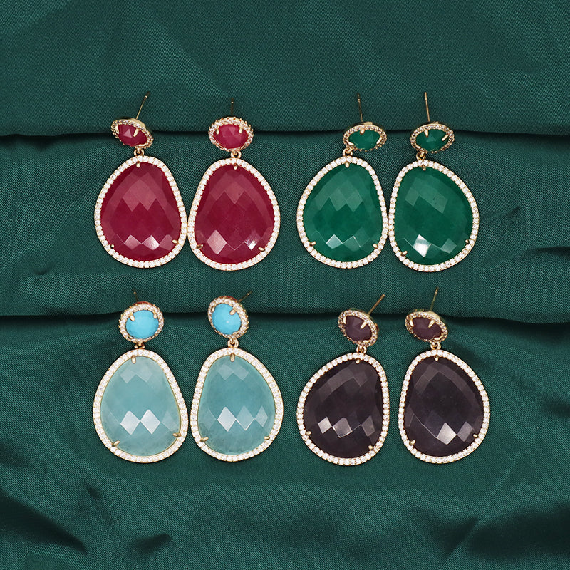 New Fashion Wholesale Custom Gold Plated CZ Blue Green Red Purple Water Drop Healing Natural Stone Stud Earrings For Women Gift