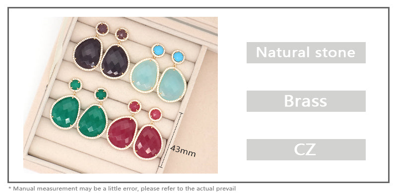 New Fashion Wholesale Custom Gold Plated CZ Blue Green Red Purple Water Drop Healing Natural Stone Stud Earrings For Women Gift