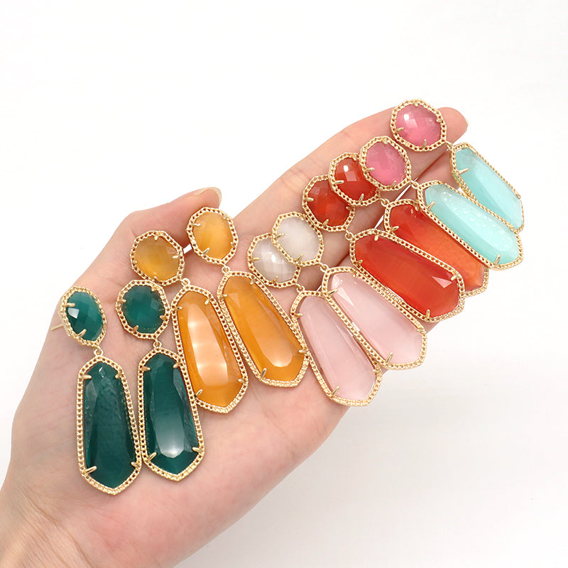 Wholesale Custom Yellow Pink Blue Orange Earrings Stud Women Gift Jewelry Gold Plated Dangle Drop Healing Natural Stone Earrings