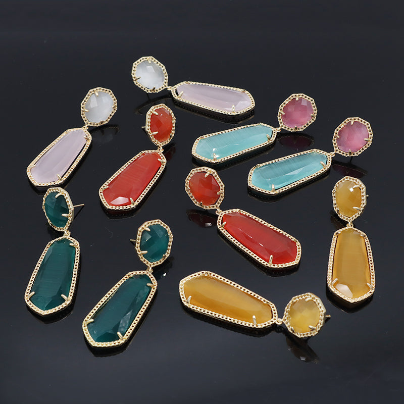 Wholesale Custom Yellow Pink Blue Orange Earrings Stud Women Gift Jewelry Gold Plated Dangle Drop Healing Natural Stone Earrings