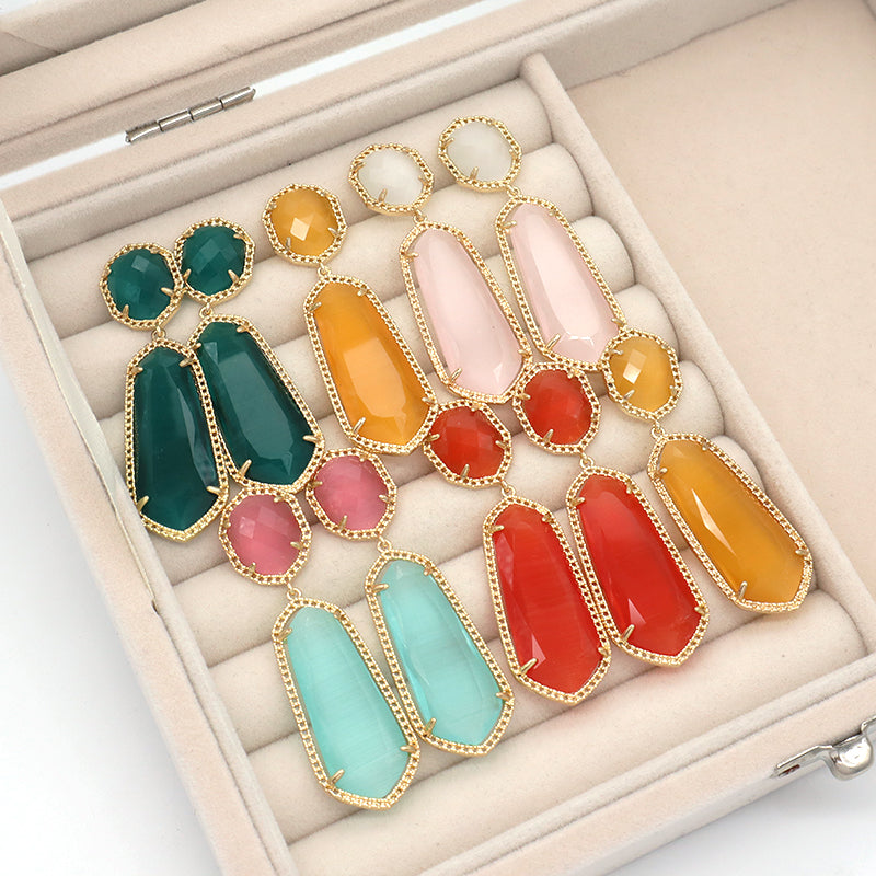 Wholesale Custom Yellow Pink Blue Orange Earrings Stud Women Gift Jewelry Gold Plated Dangle Drop Healing Natural Stone Earrings
