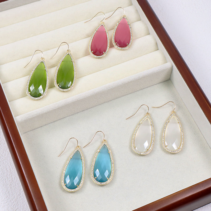 Wholesale Custom Green Pink Blue White CZ Gooseneck Earrings Women Gift Jewelry Gold Plated Dangle Drop Natural Stone Earrings