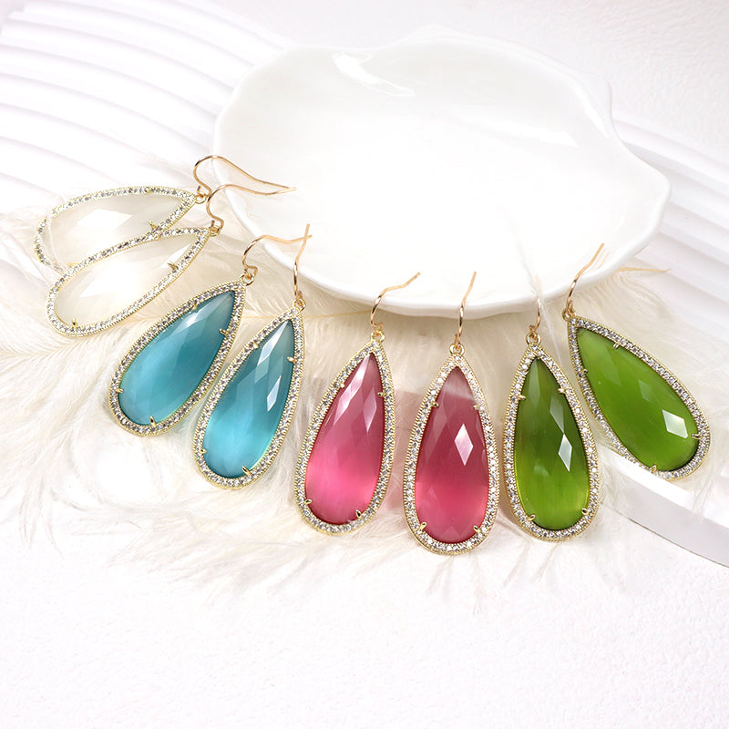 Wholesale Custom Green Pink Blue White CZ Gooseneck Earrings Women Gift Jewelry Gold Plated Dangle Drop Natural Stone Earrings