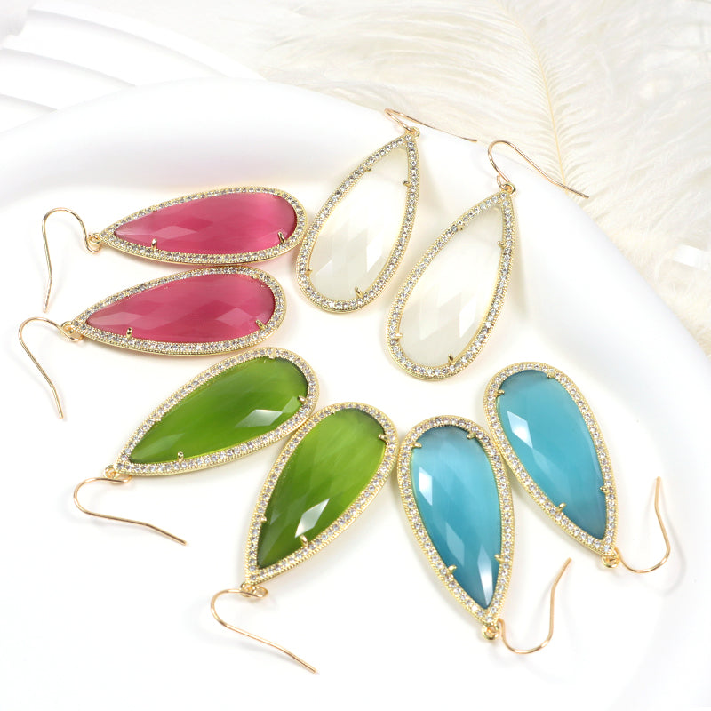 Wholesale Custom Green Pink Blue White CZ Gooseneck Earrings Women Gift Jewelry Gold Plated Dangle Drop Natural Stone Earrings
