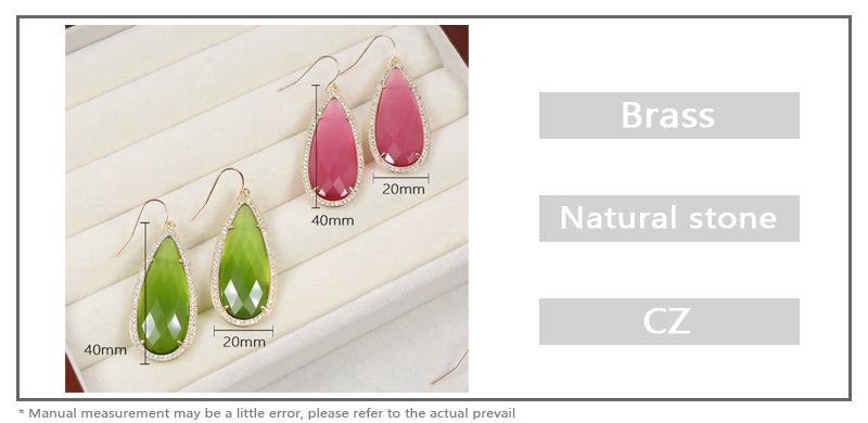 Wholesale Custom Green Pink Blue White CZ Gooseneck Earrings Women Gift Jewelry Gold Plated Dangle Drop Natural Stone Earrings