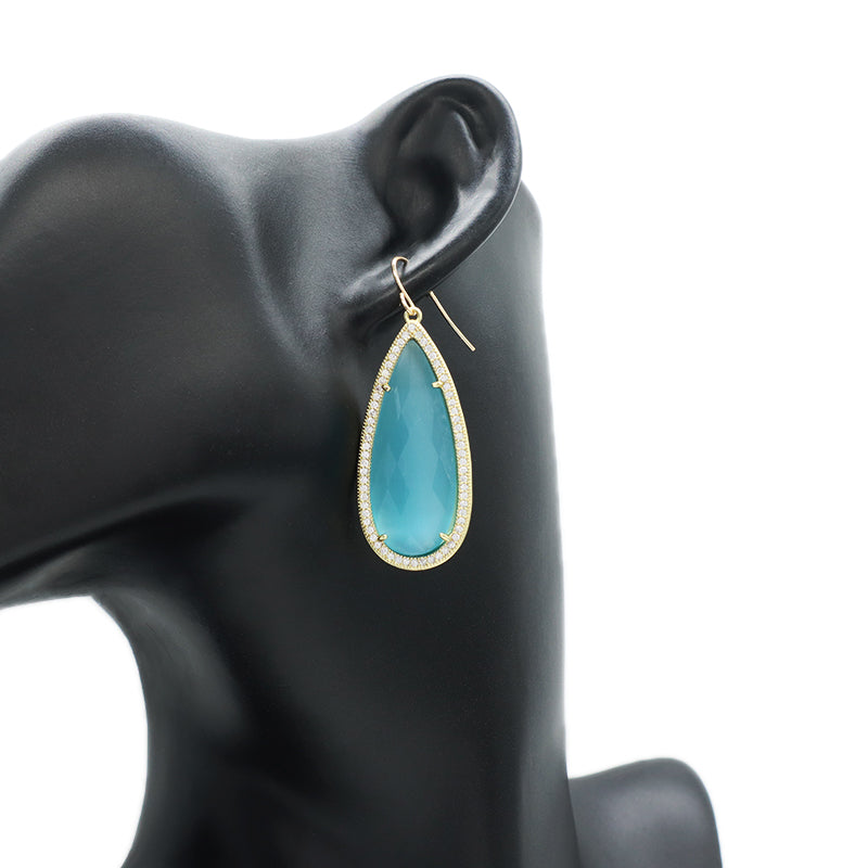 Wholesale Custom Green Pink Blue White CZ Gooseneck Earrings Women Gift Jewelry Gold Plated Dangle Drop Natural Stone Earrings