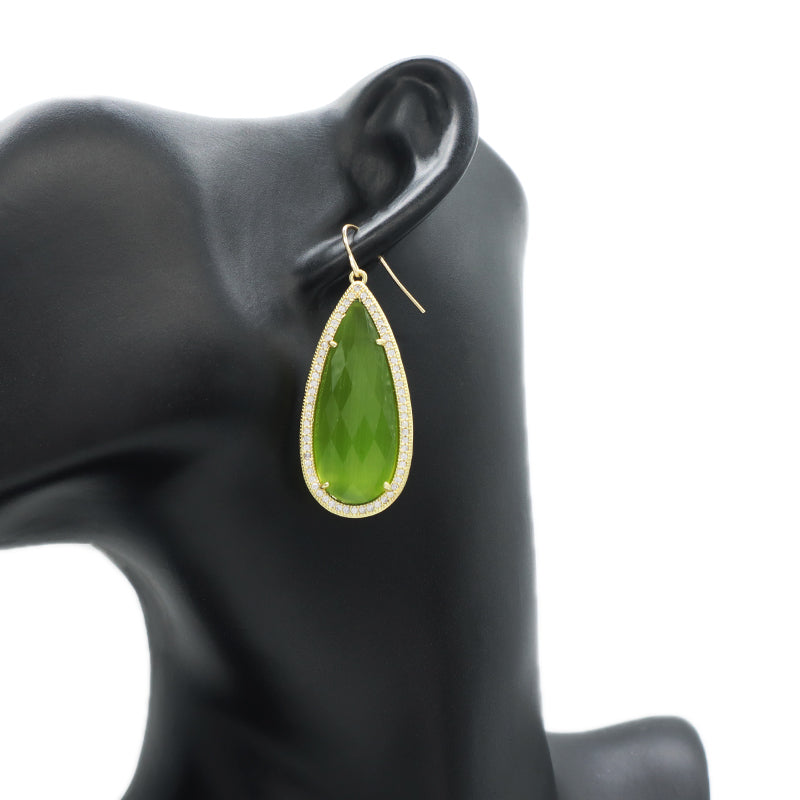 Wholesale Custom Green Pink Blue White CZ Gooseneck Earrings Women Gift Jewelry Gold Plated Dangle Drop Natural Stone Earrings