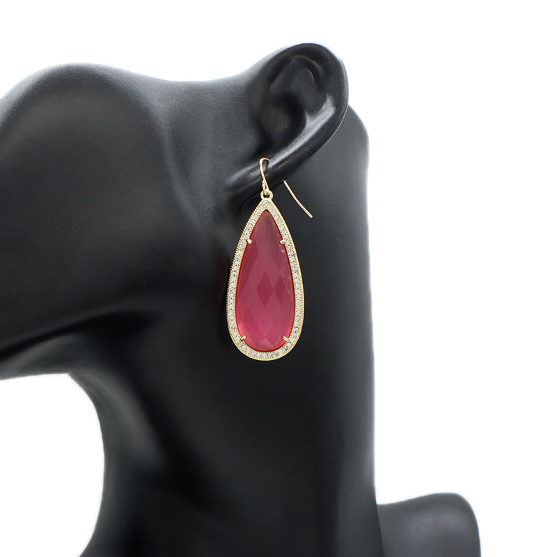 Wholesale Custom Green Pink Blue White CZ Gooseneck Earrings Women Gift Jewelry Gold Plated Dangle Drop Natural Stone Earrings