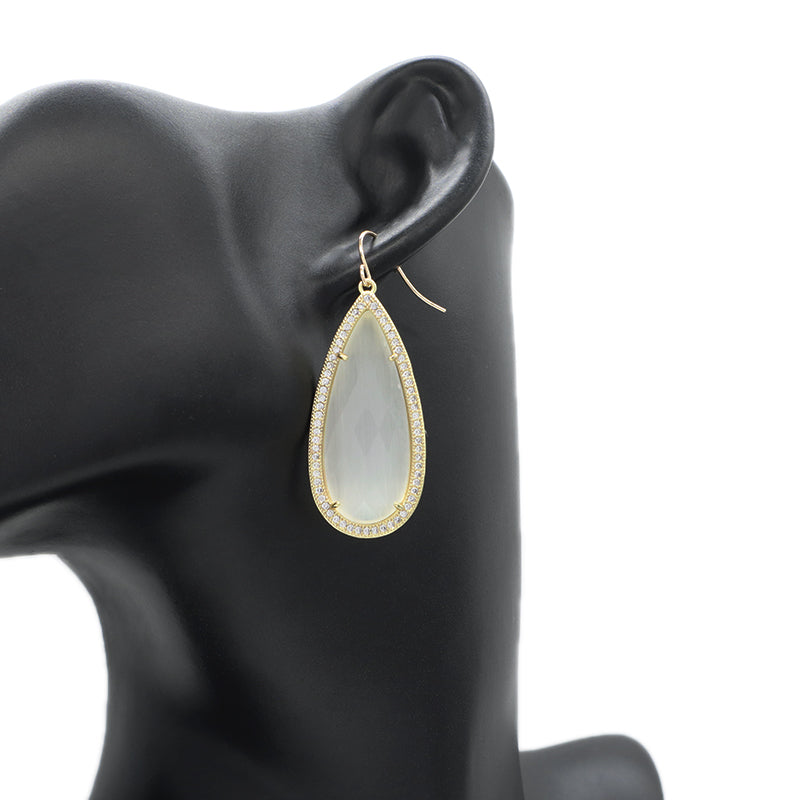Wholesale Custom Green Pink Blue White CZ Gooseneck Earrings Women Gift Jewelry Gold Plated Dangle Drop Natural Stone Earrings
