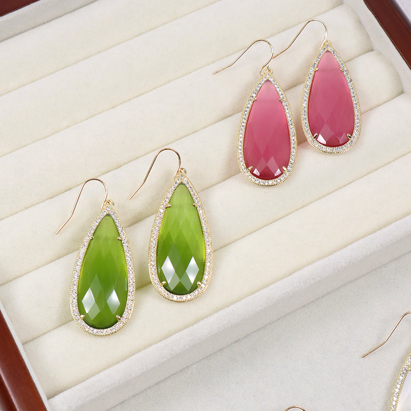 Wholesale Custom Green Pink Blue White CZ Gooseneck Earrings Women Gift Jewelry Gold Plated Dangle Drop Natural Stone Earrings