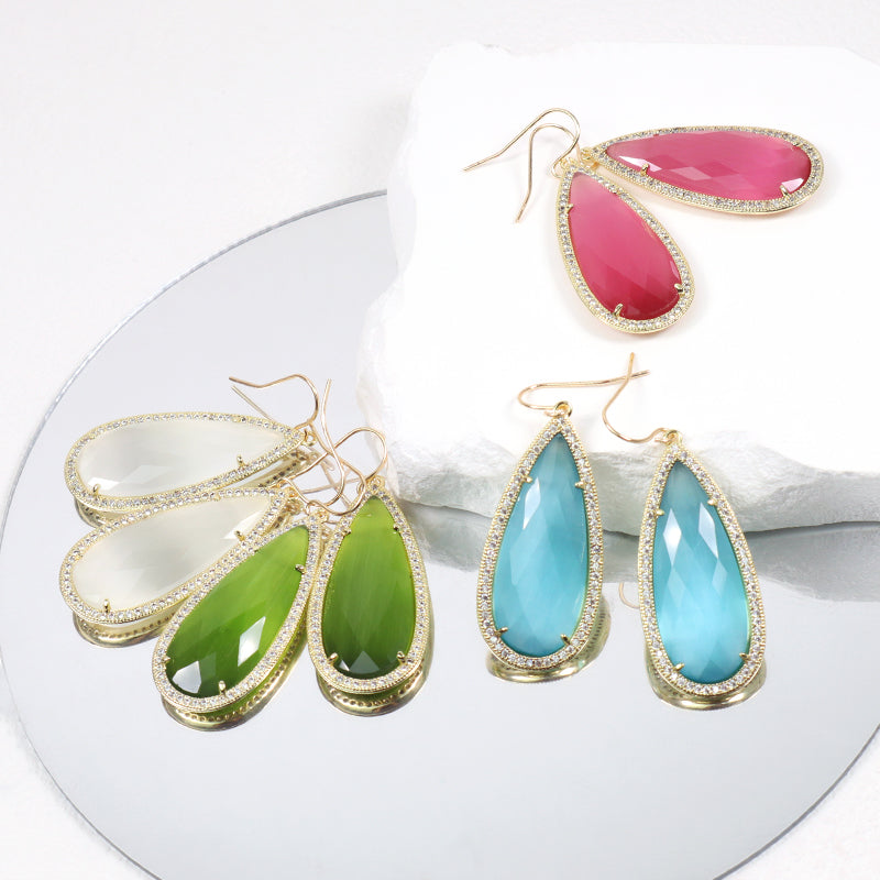 Wholesale Custom Green Pink Blue White CZ Gooseneck Earrings Women Gift Jewelry Gold Plated Dangle Drop Natural Stone Earrings