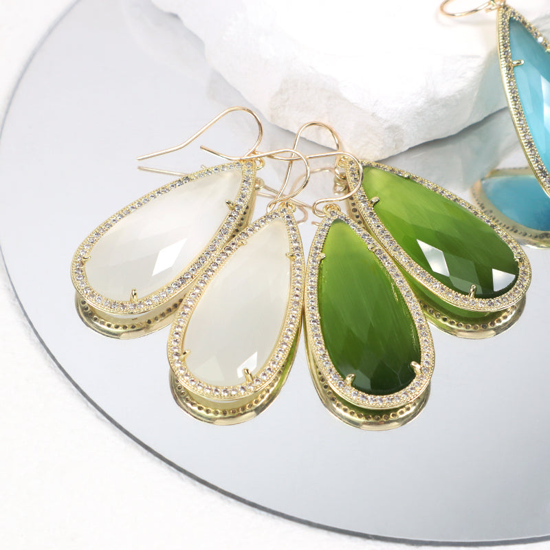 Wholesale Custom Green Pink Blue White CZ Gooseneck Earrings Women Gift Jewelry Gold Plated Dangle Drop Natural Stone Earrings