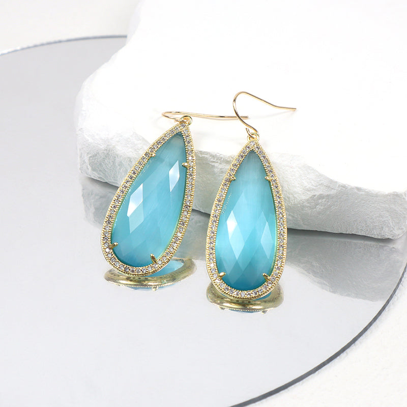 Wholesale Custom Green Pink Blue White CZ Gooseneck Earrings Women Gift Jewelry Gold Plated Dangle Drop Natural Stone Earrings