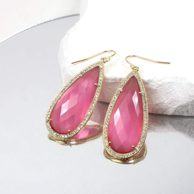 Wholesale Custom Green Pink Blue White CZ Gooseneck Earrings Women Gift Jewelry Gold Plated Dangle Drop Natural Stone Earrings